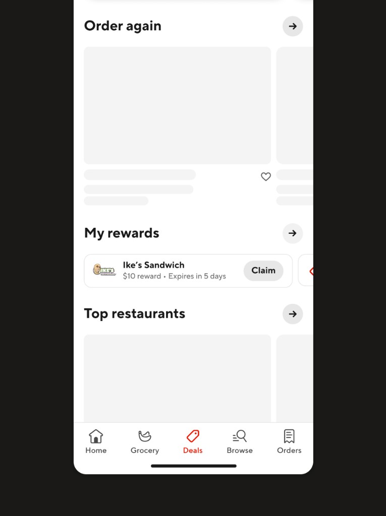 Contextual rewards concept: a My rewards row surfaced in the home feed between Order again and Top restaurants.