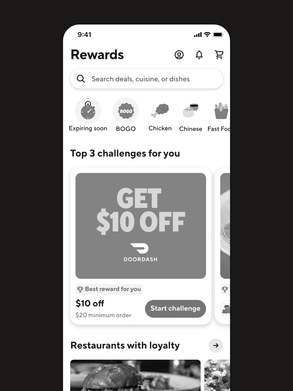 Rewards hub concept: a destination with search, categories, challenges, and restaurants with loyalty.