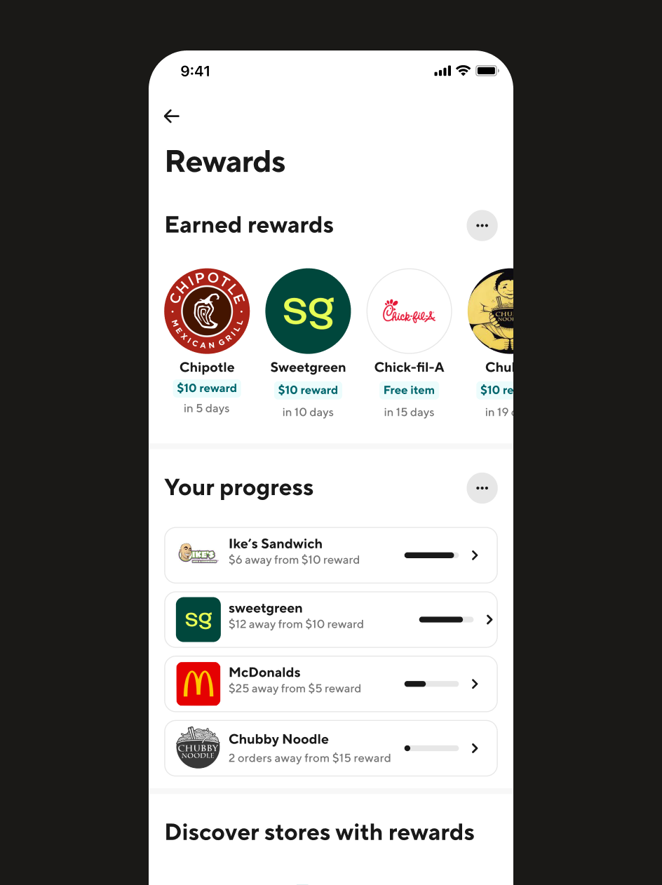 Wallet concept: earned rewards and progress toward the next ones in one focused Rewards list.