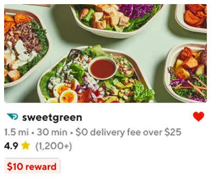Store card for sweetgreen showing a $10 reward badge.