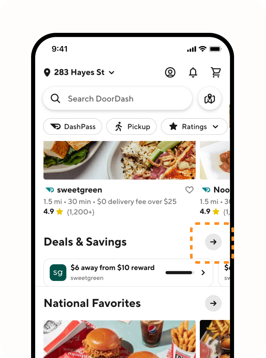 Home feed Deals & Savings section with a highlighted arrow into rewards.