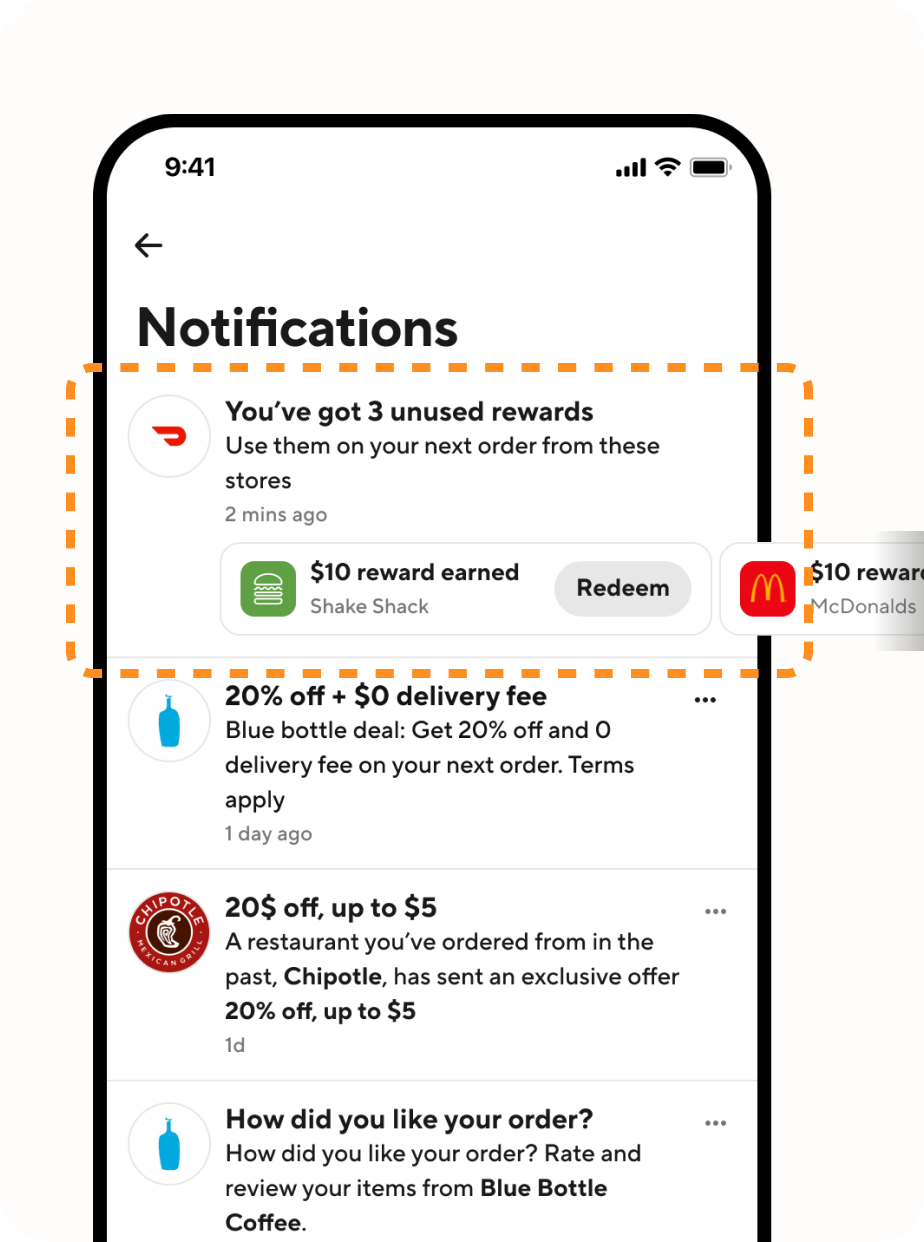 Notifications screen highlighting an unused rewards card with redeemable store tiles.