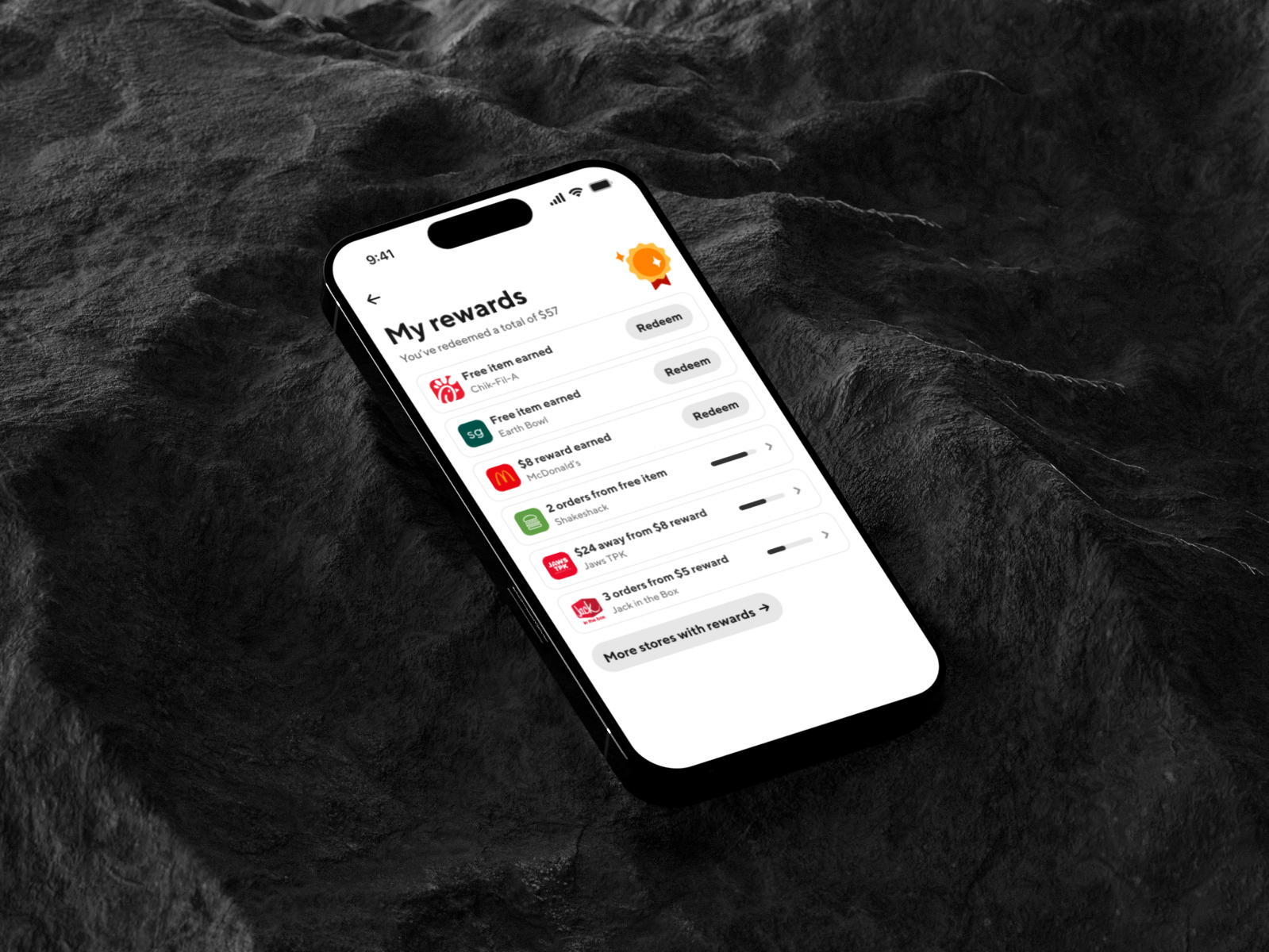 DoorDash My rewards screen on a phone, showing earned rewards and progress toward the next ones.