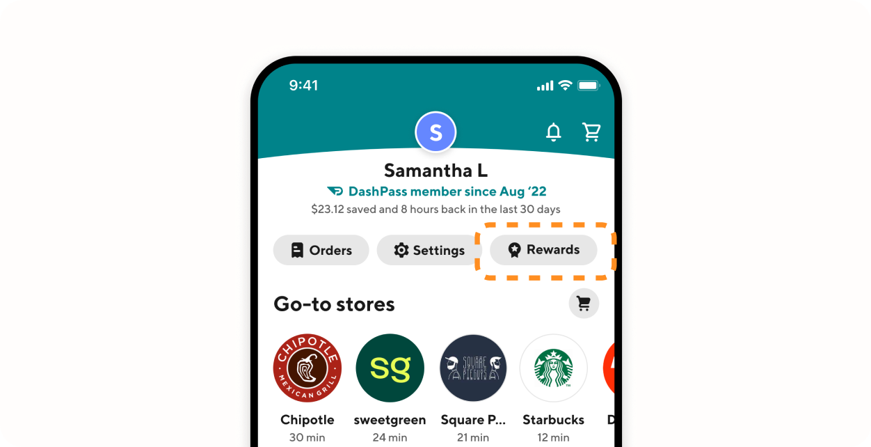 Account tab with a highlighted Rewards button among Orders and Settings.