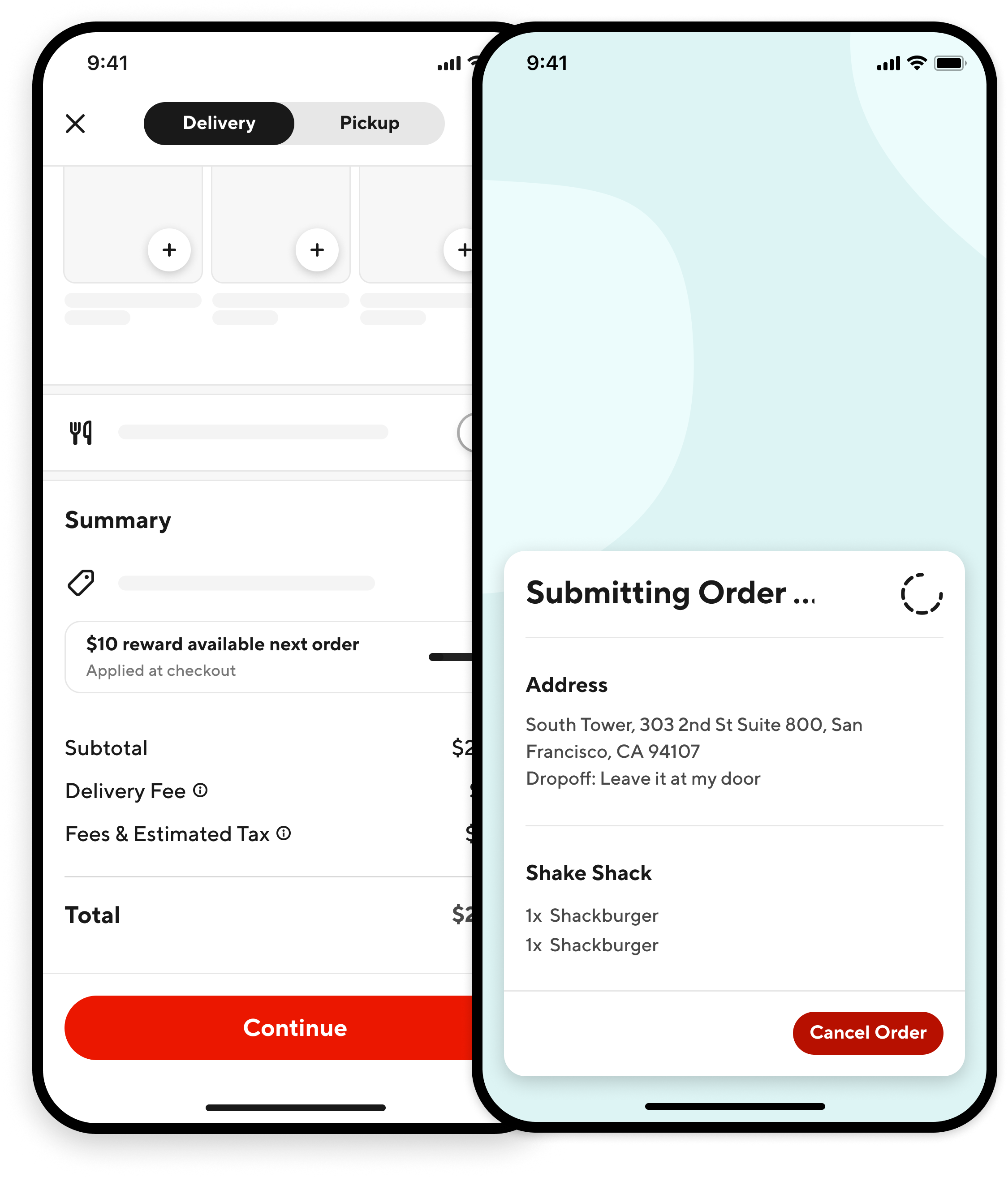 Checkout and order submission screens showing a $10 reward available next order.
