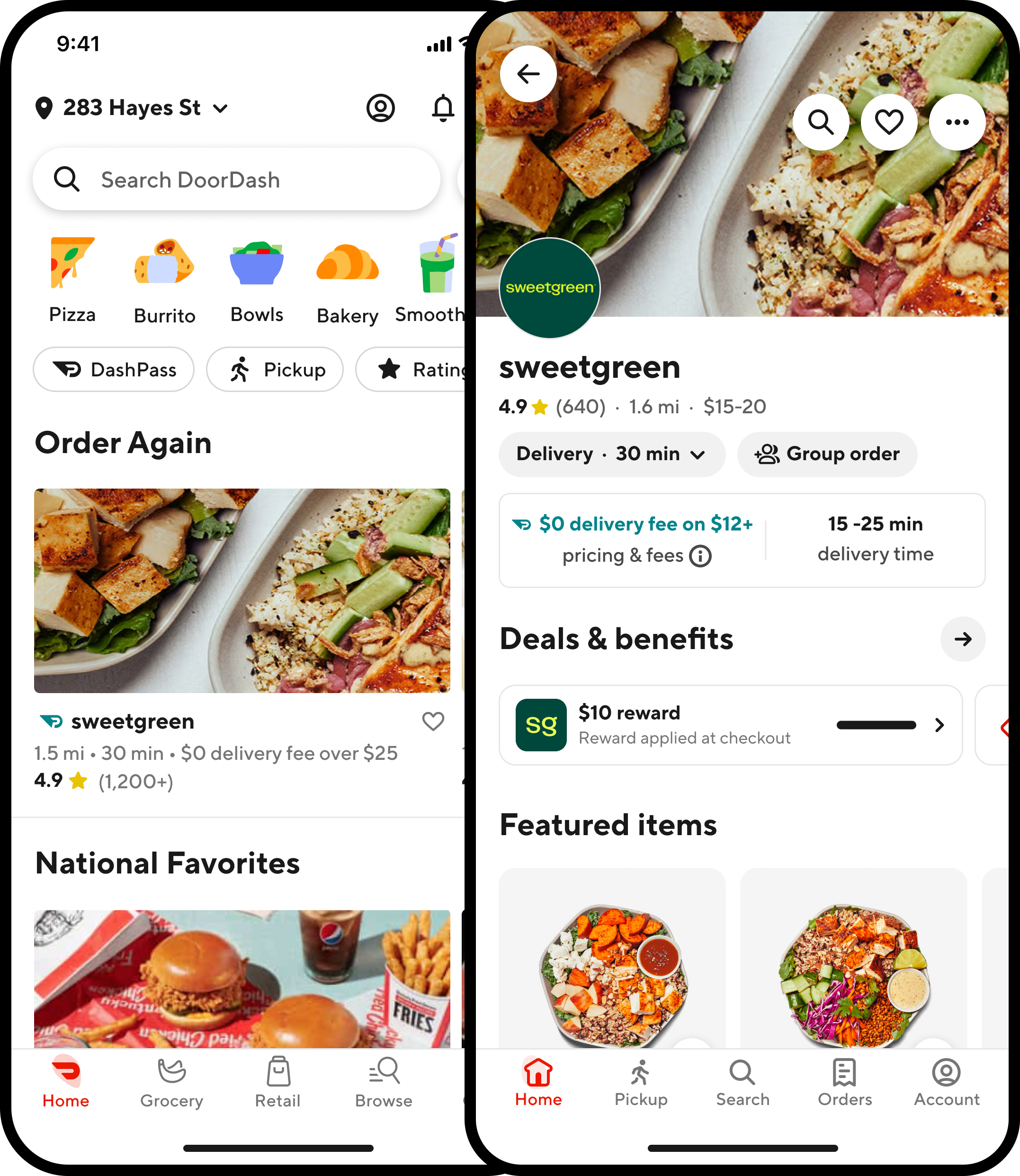 DoorDash home and sweetgreen store page where the reward only appears under Deals & benefits.