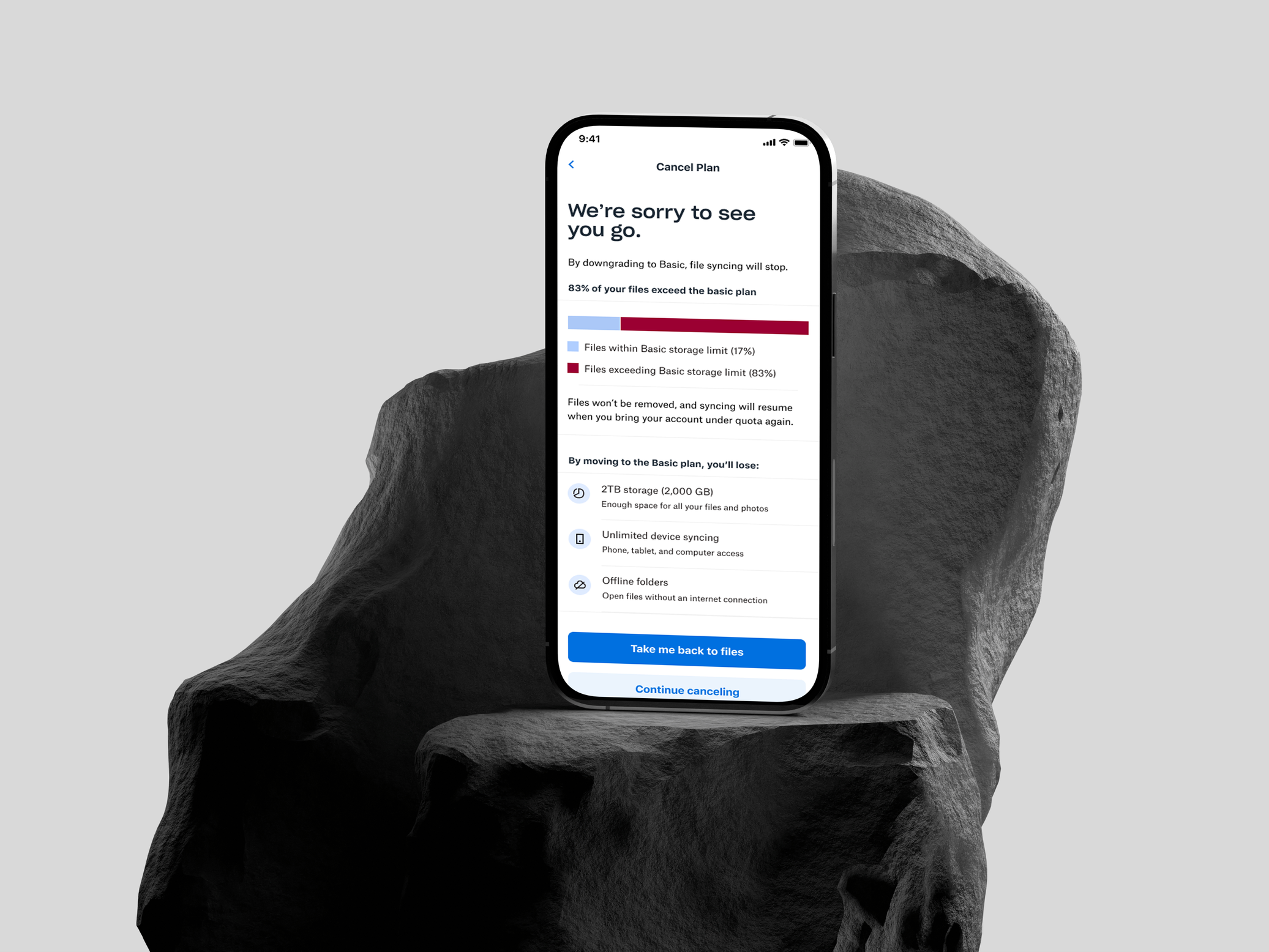 Dropbox Cancel Plan screen on mobile, with storage impact and a clear path back to files.