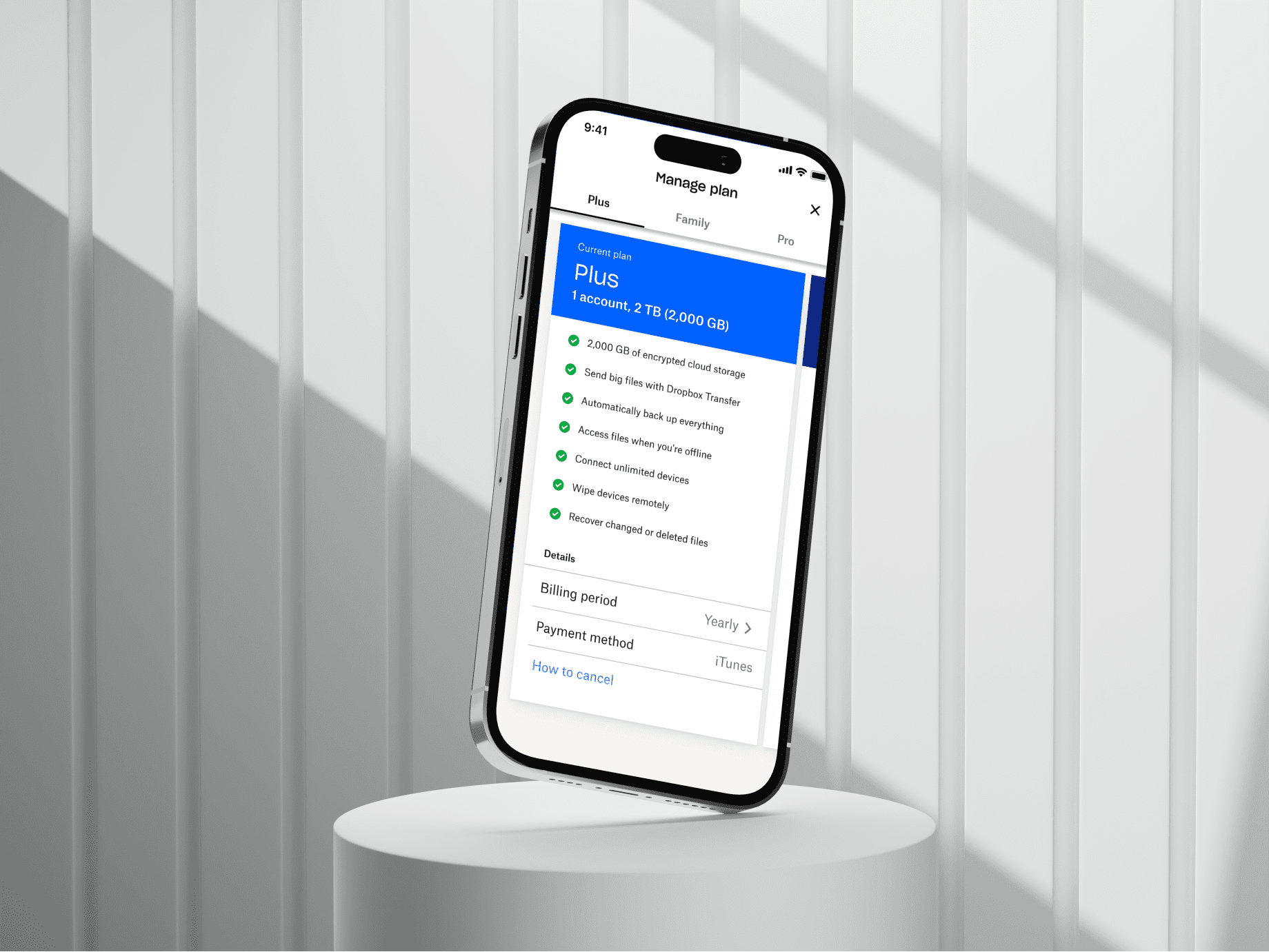 Dropbox Manage plan screen on mobile, showing the Plus plan and benefit list.