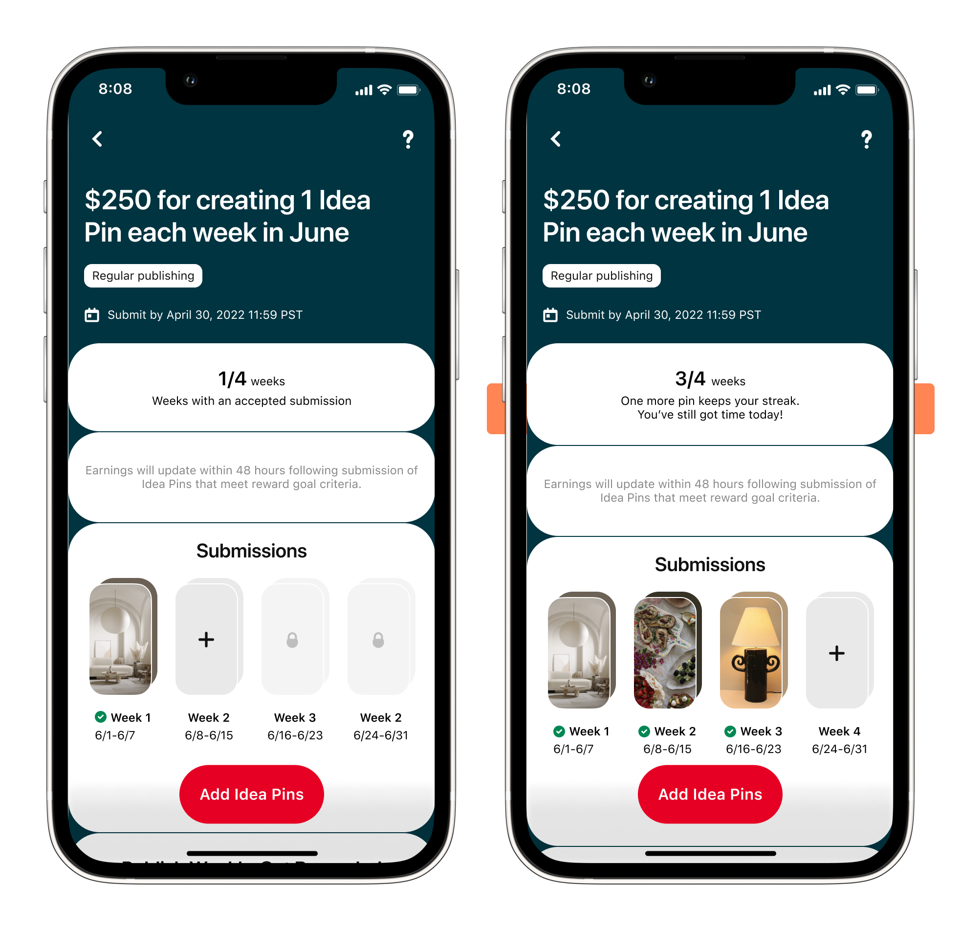 Side-by-side Creator Rewards screens: early streak progress next to a near drop-off state.