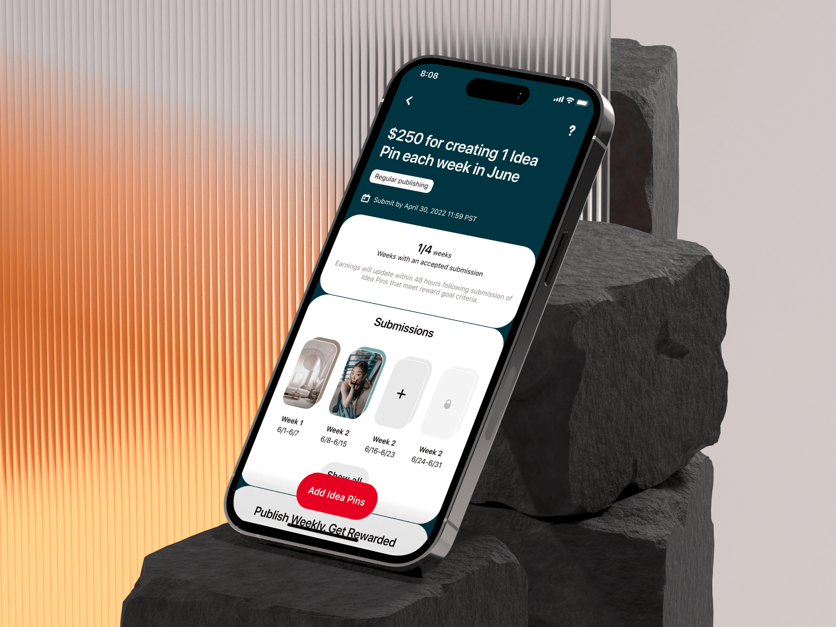 Pinterest Creator Weekly Streaks screen with week progress and Idea Pin submissions.