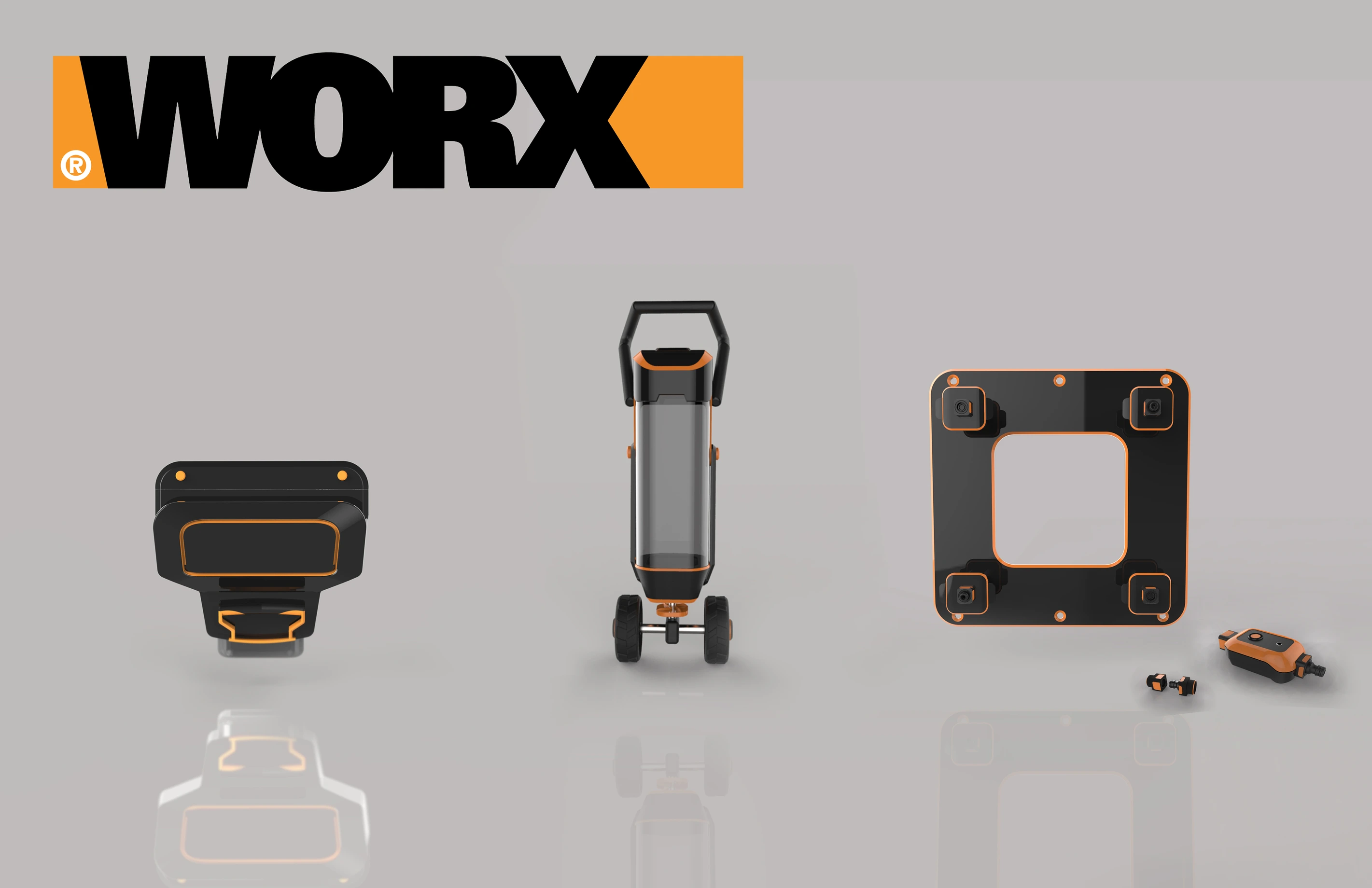 Worx product system lineup — wall dispenser, wheeled spreader, hose base, and accessories.